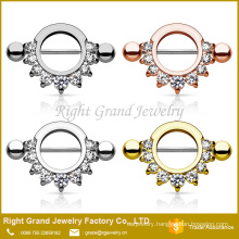 Gold Plated Stainless Steel Prong Setting Cubic Zirconia Nipple Ring